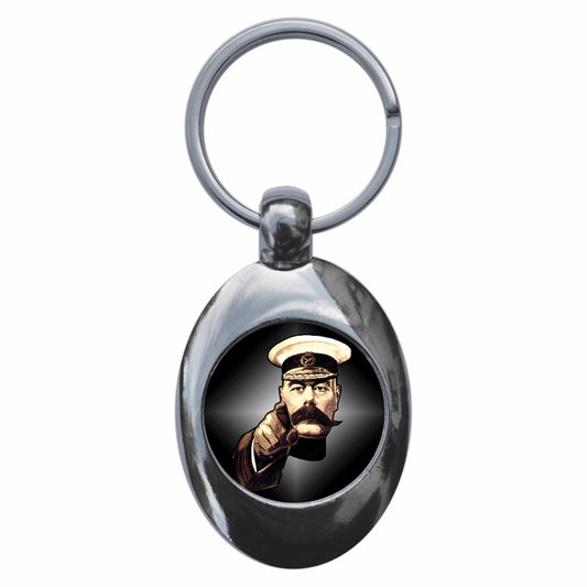 A picture of the front of the product, titled Kitchener Your Country Needs You World War One Retro Metal Keyring With Trolley Coin