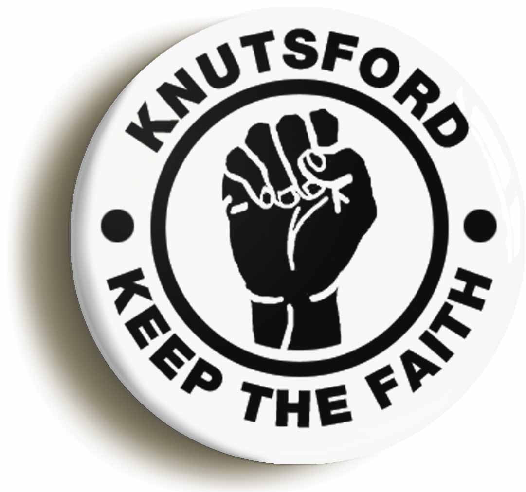 A picture of the front of the product, titled Knutsford Keep The Faith Button Pin Badge