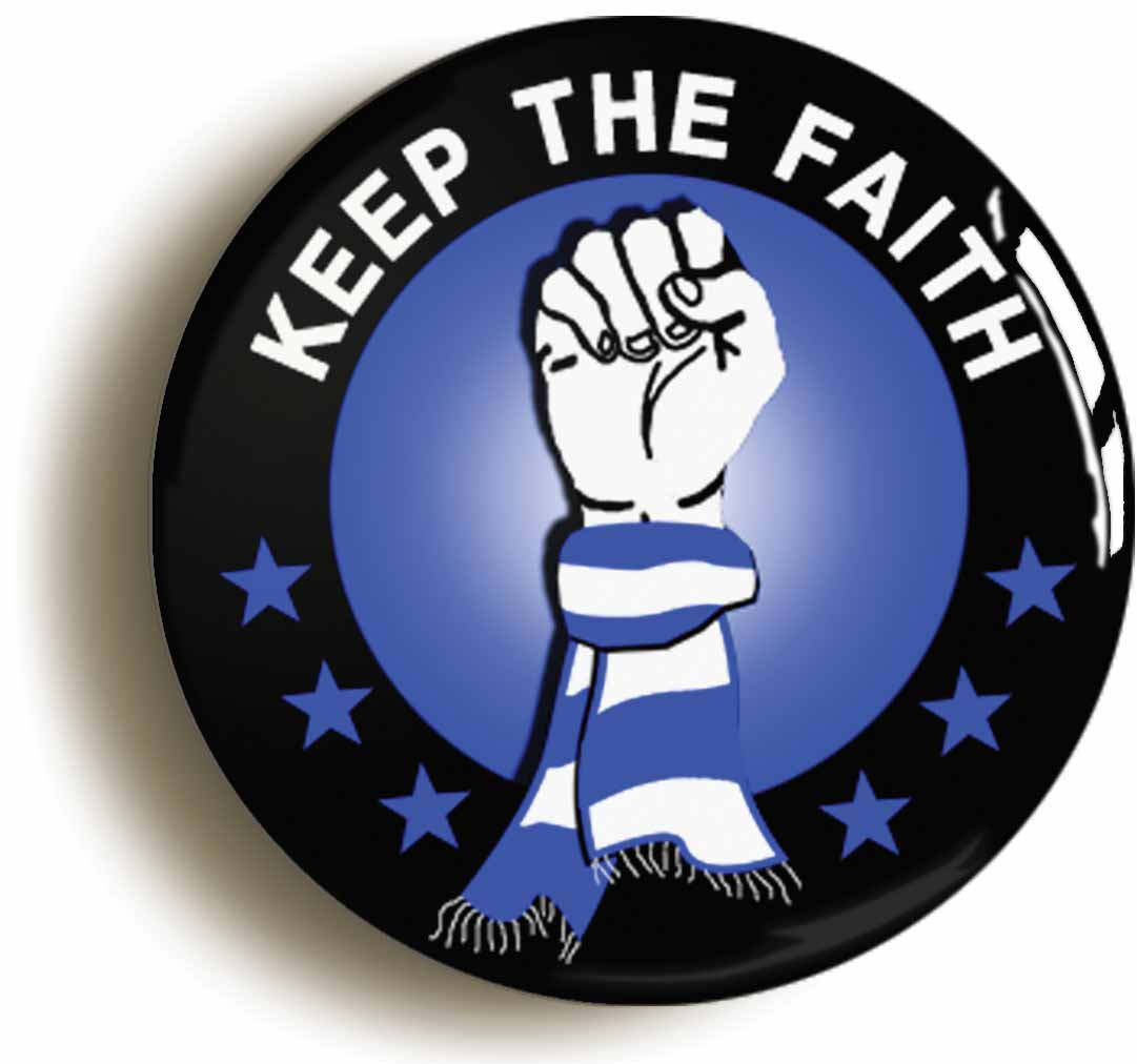 A picture of the front of the product, titled Keep The Faith Blues Northern Soul Button Pin Badge