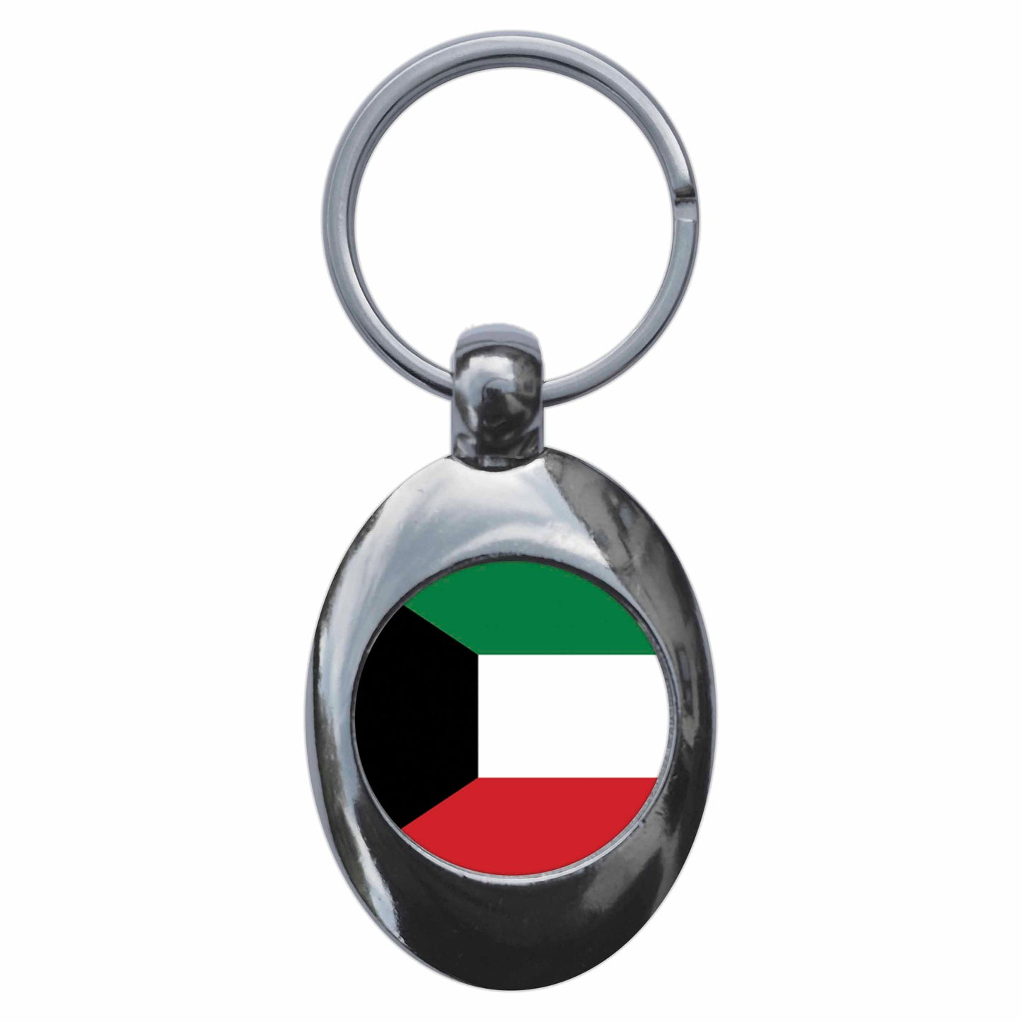 A picture of the front of the product, titled Kuwait Kuwaiti National Flag Metal Keyring With Trolley Coin