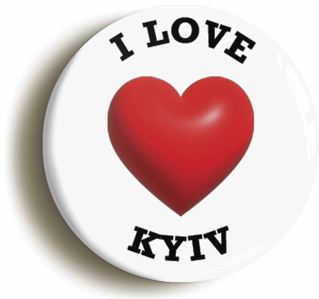 A picture of the front of the product, titled I Heart Love Kyiv Location Circular 50mm Fridge Magnet