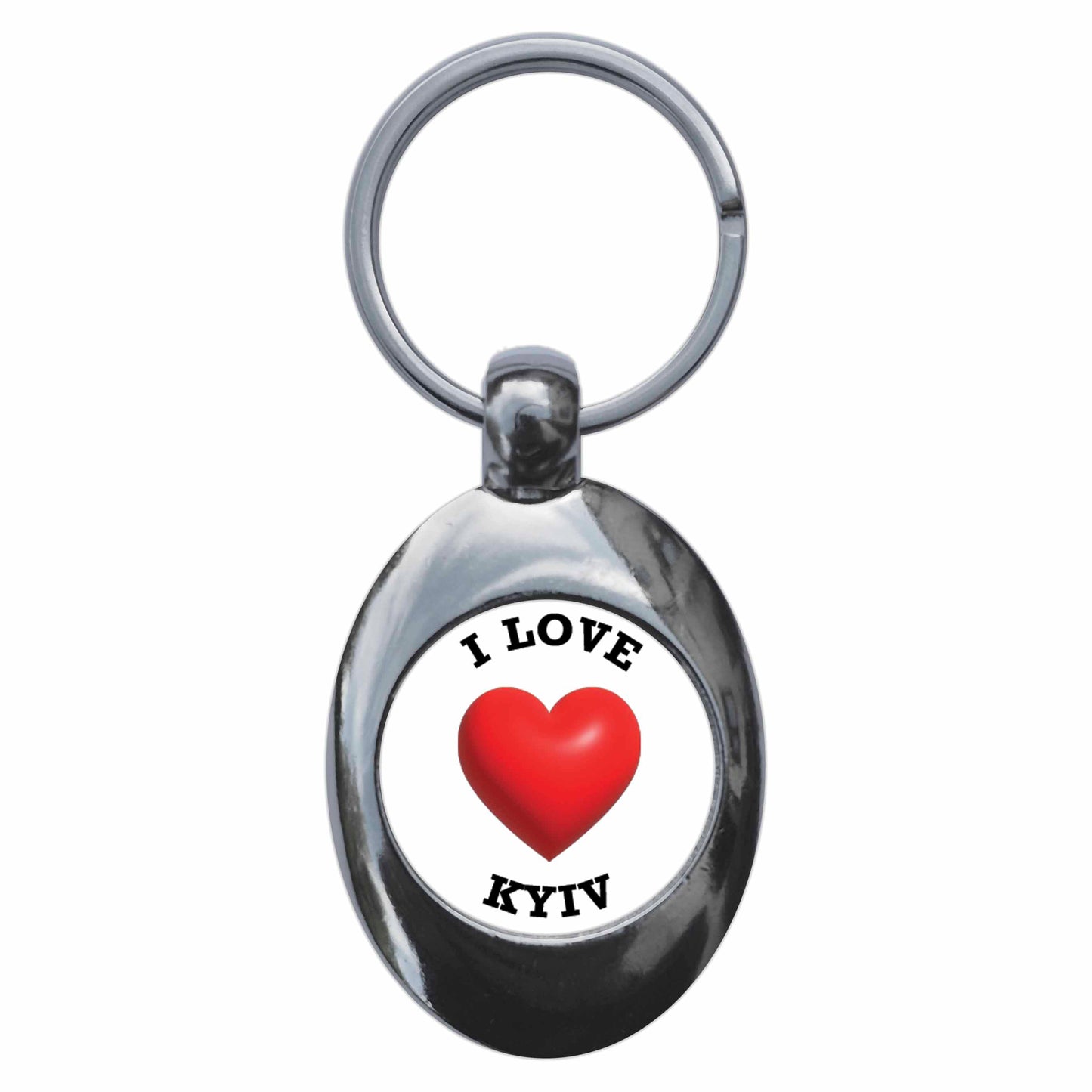 A picture of the front of the product, titled I Heart Love Kyiv Metal Keyring With Trolley Coin