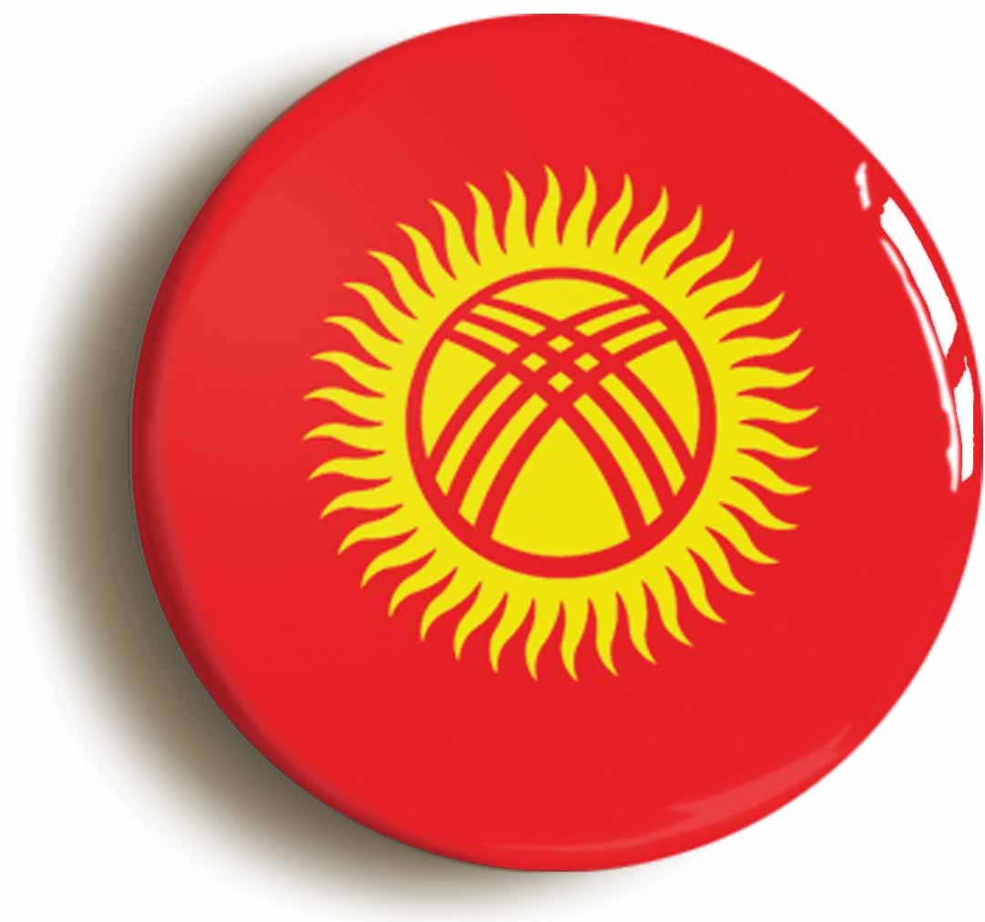 A picture of the front of the product, titled Kyrgyzstan National Flag Circular 50mm Fridge Magnet