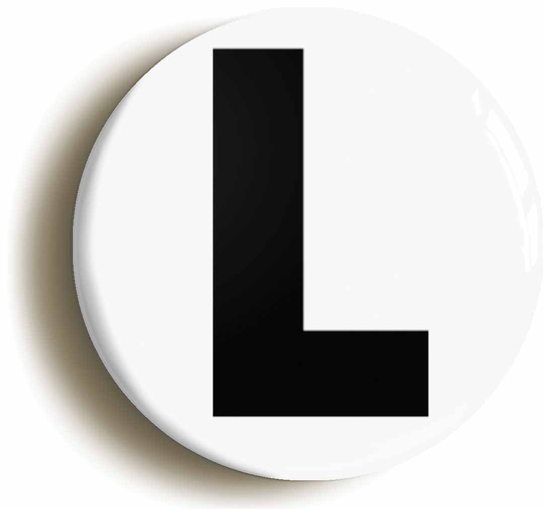 A picture of the front of the product, titled Letter L Button Pin Badge
