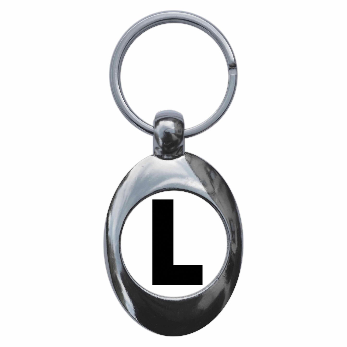 A picture of the front of the product, titled Letter L Metal Keyring With Trolley Coin