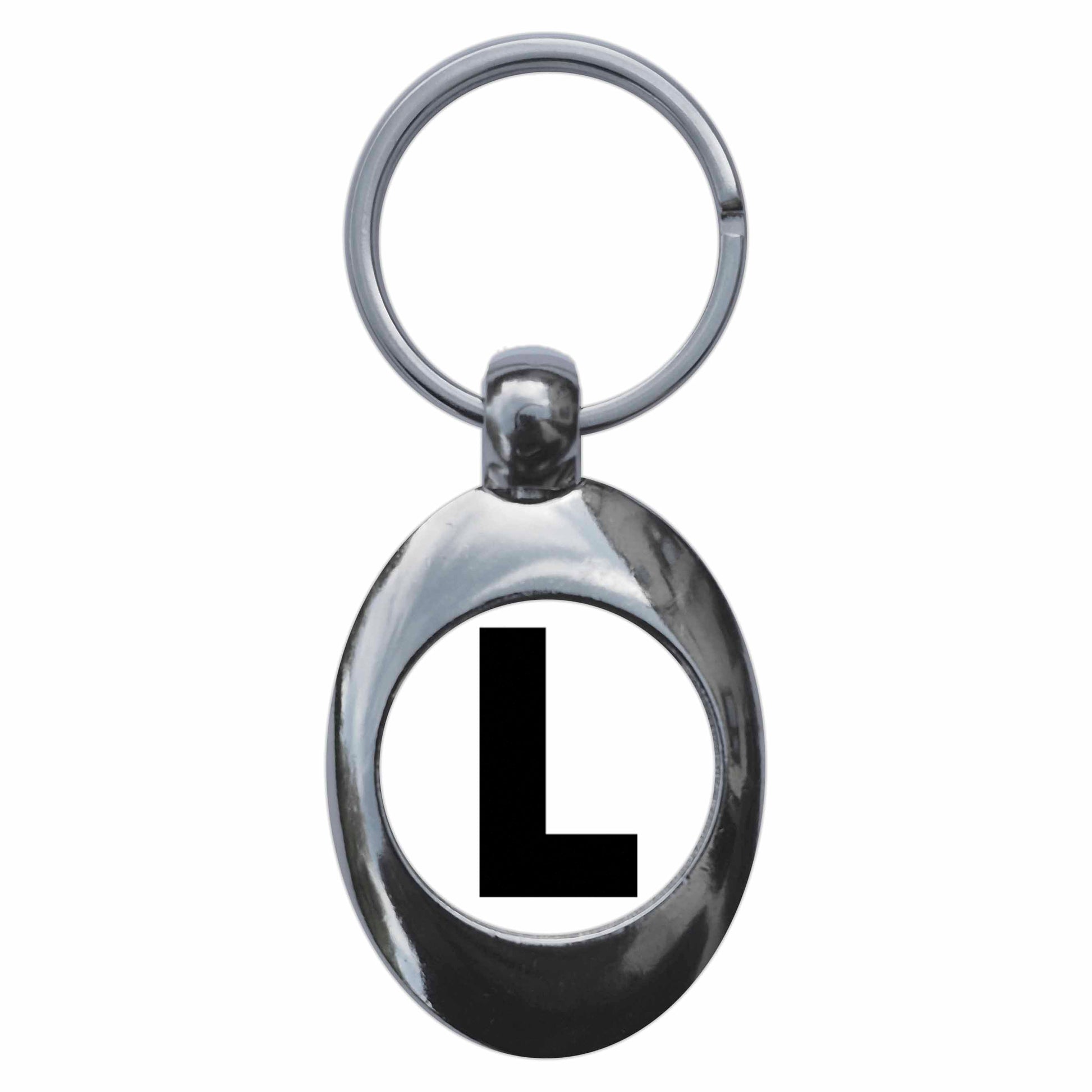 A picture of the front of the product, titled Letter L Metal Keyring With Trolley Coin