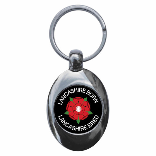 A picture of the front of the product, titled Lancashire Born Lancashire Bred Red Rose Metal Keyring With Trolley Coin