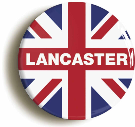 A picture of the front of the product, titled Lancaster Union Jack Button Pin Badge