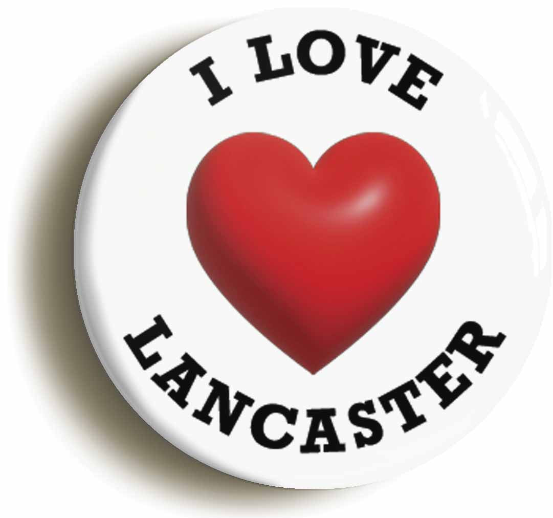 A picture of the front of the product, titled I Heart Love Lancaster Location Circular 50mm Fridge Magnet