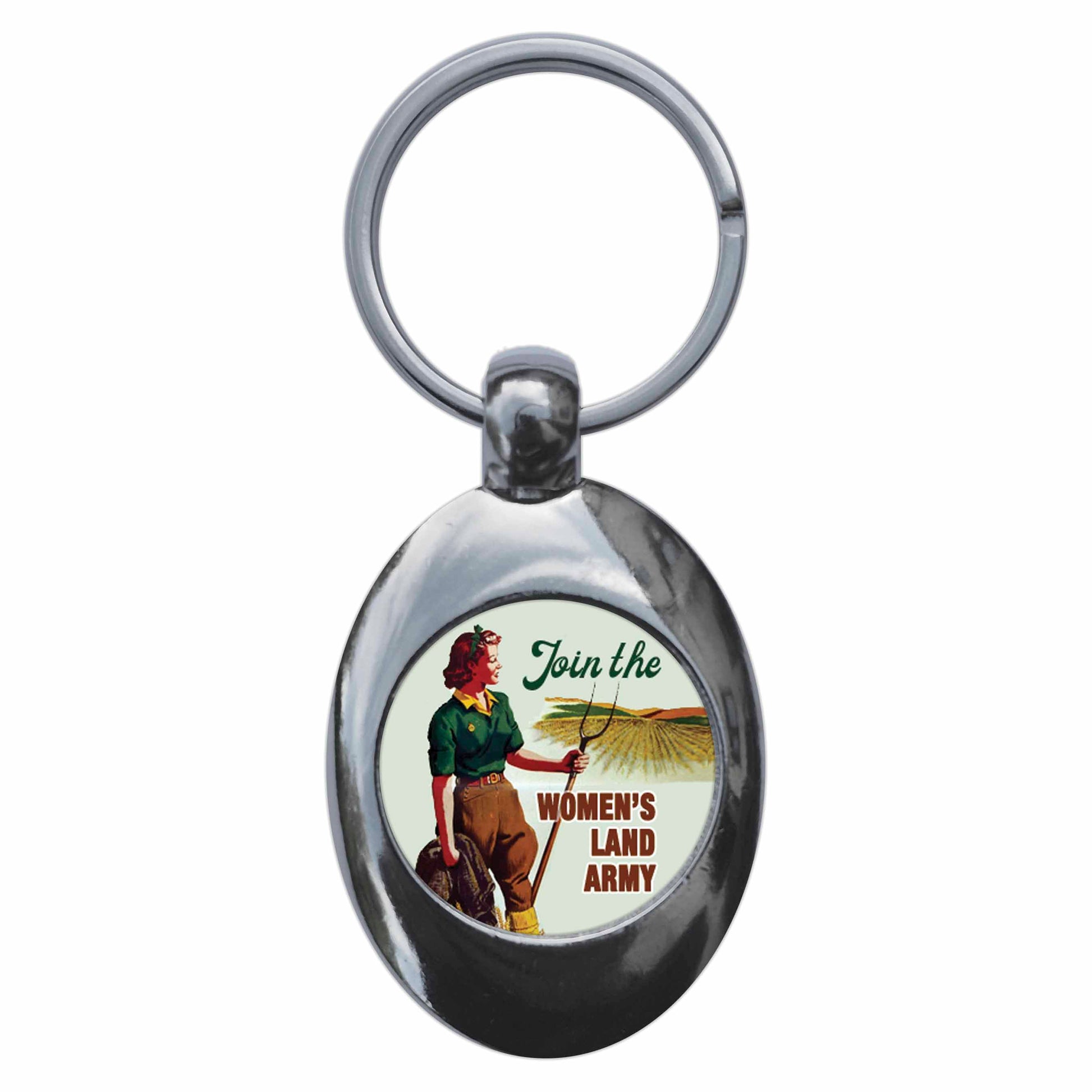 A picture of the front of the product, titled Join The Womens Land Army Metal Keyring With Trolley Coin