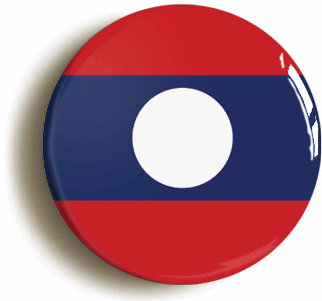 A picture of the front of the product, titled Laos Laotian National Flag Circular 50mm Fridge Magnet