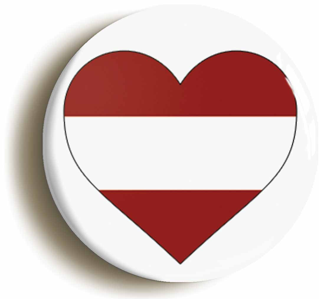 A picture of the front of the product, titled Latvia Latvian Flag Heart Button Pin Badge