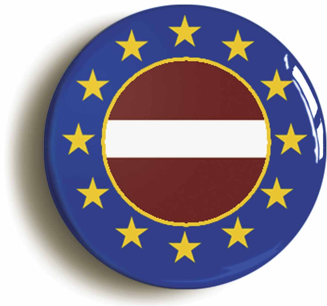 A picture of the front of the product, titled Latvia European Union Split Flag Button Pin Badge
