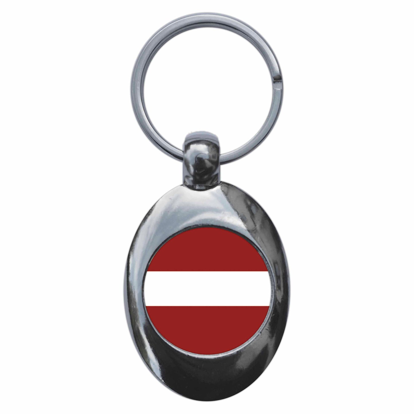 A picture of the front of the product, titled Latvia Latvian National Flag Metal Keyring With Trolley Coin