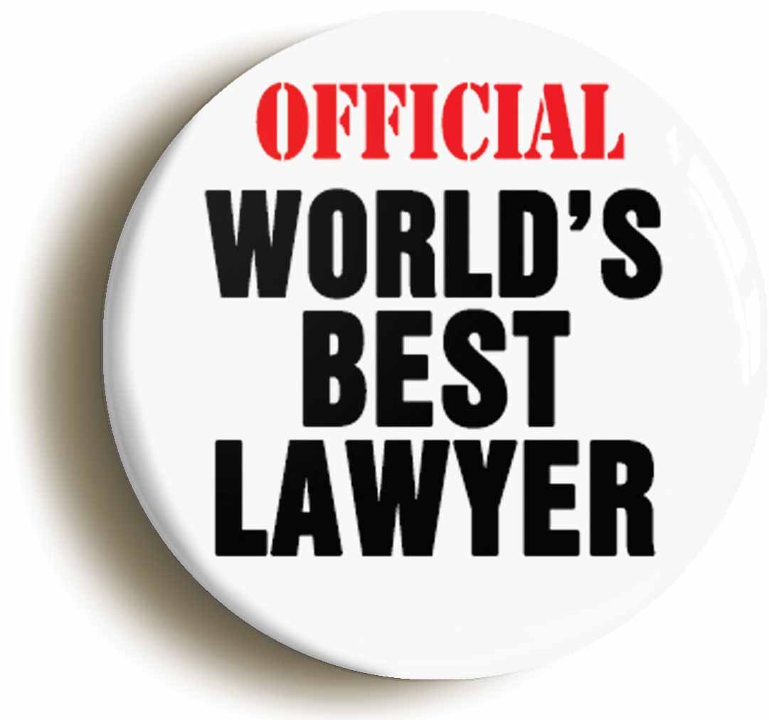 A picture of the front of the product, titled Official Worlds Best Lawyer Funny Button Pin Badge
