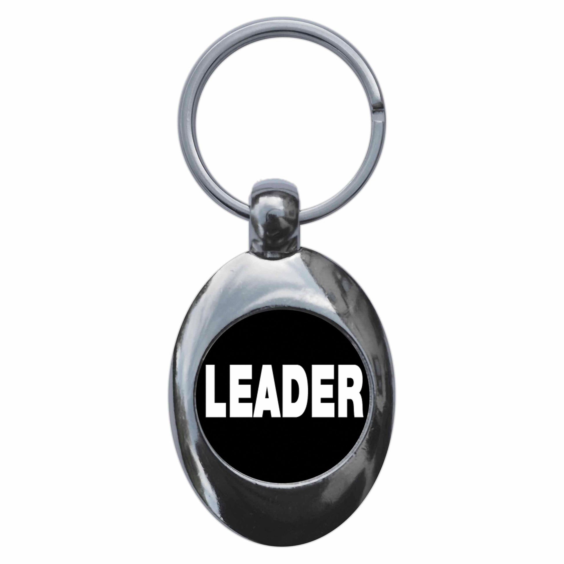 A picture of the front of the product, titled Leader Metal Keyring With Trolley Coin