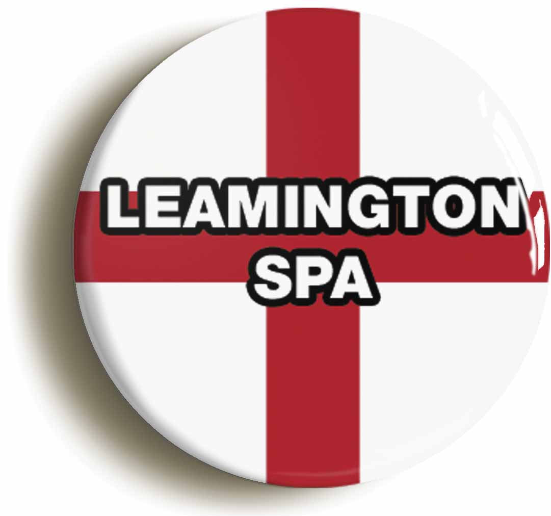 A picture of the front of the product, titled Leamington Spa England Flag Circular 50mm Fridge Magnet