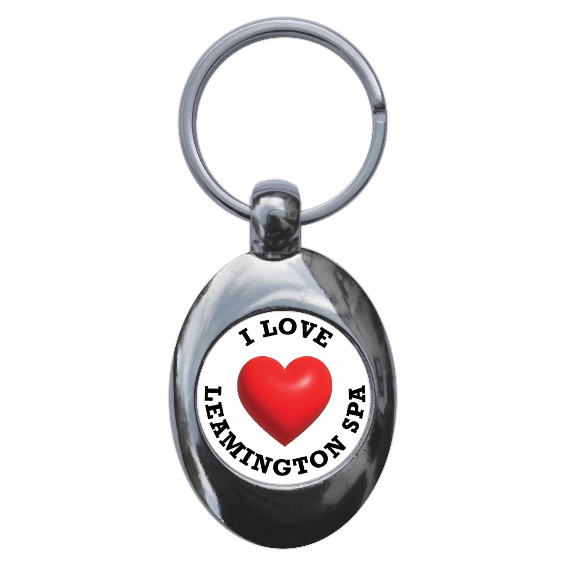 A picture of the front of the product, titled I Heart Love Leamington Spa Metal Keyring With Trolley Coin