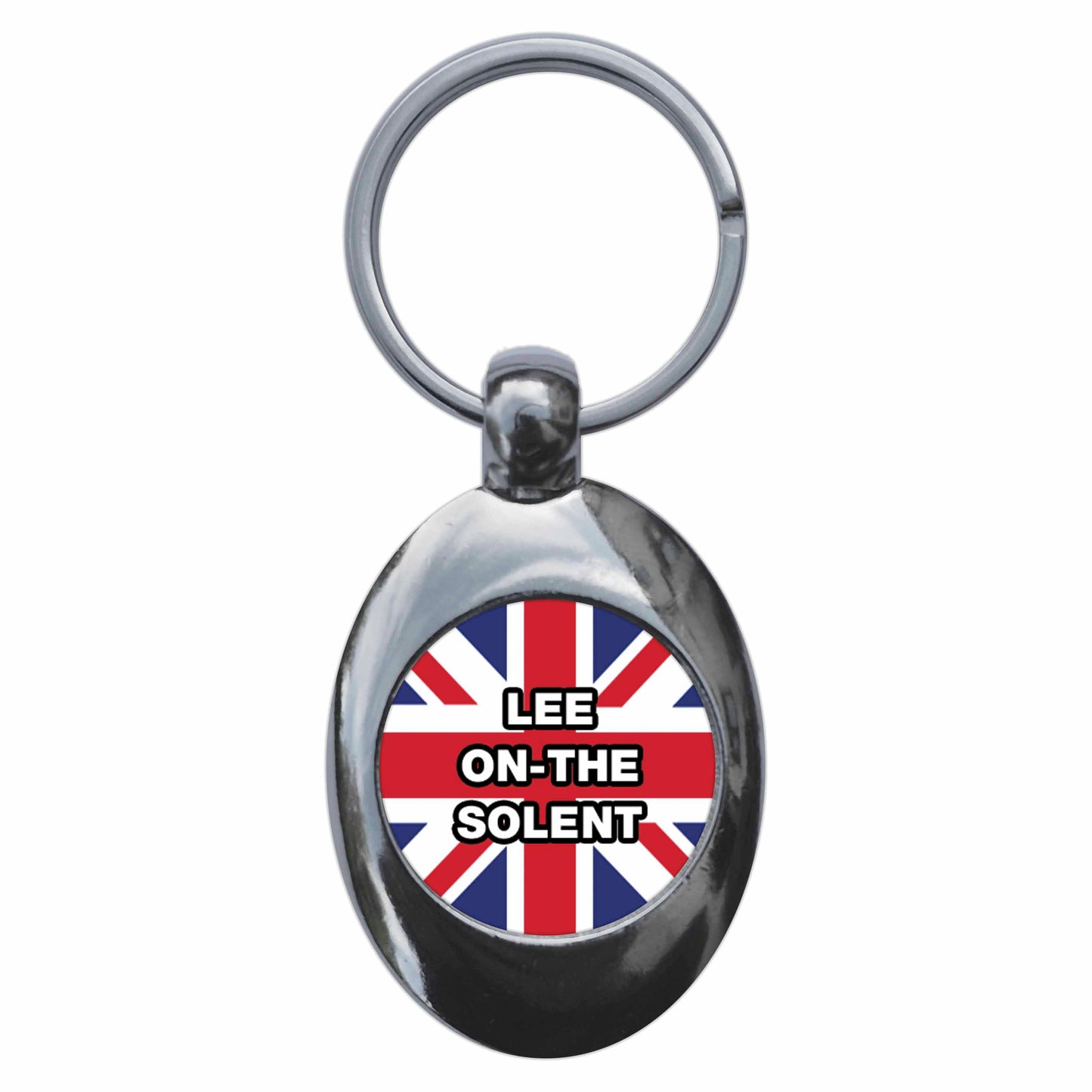 A picture of the front of the product, titled Lee-On-The-Solent Union Jack Metal Keyring With Trolley Coin