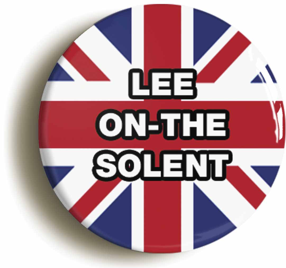 A picture of the front of the product, titled Lee-On-The-Solent Union Jack Button Pin Badge