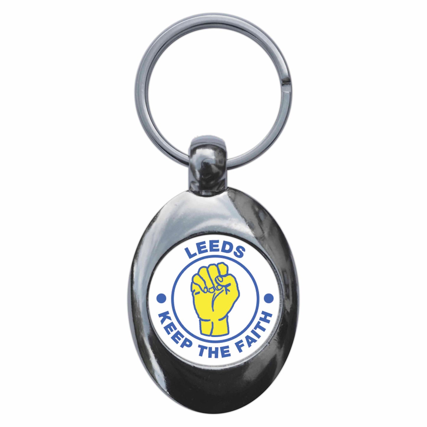 A picture of the front of the product, titled Leeds Keep The Faith Northern Soul Metal Keyring With Trolley Coin