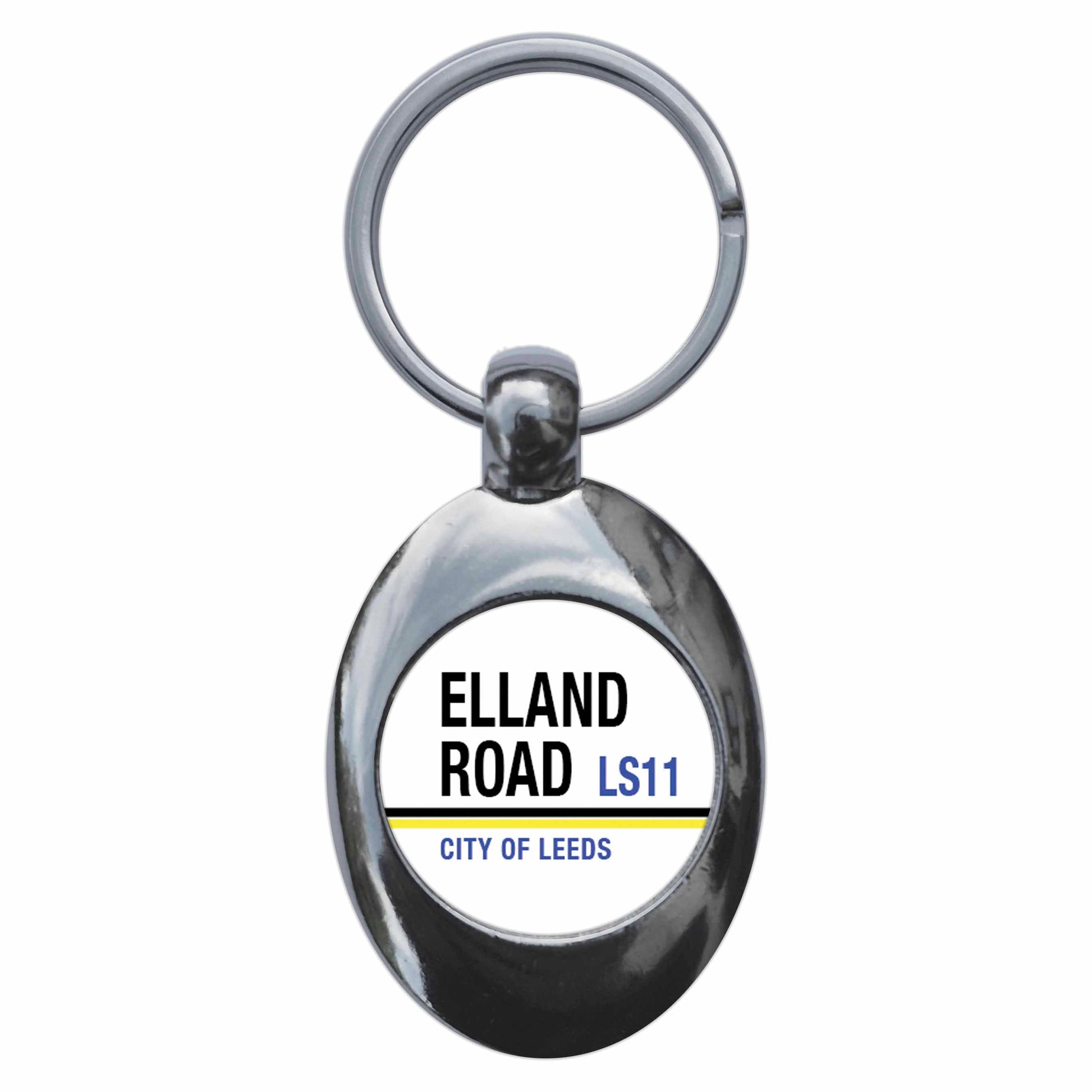 A picture of the front of the product, titled Elland Road LS11 City Of Leeds Road Sign Metal Keyring With Trolley Coin