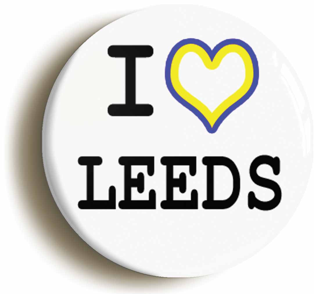 A picture of the front of the product, titled I Heart Love Leeds Button Pin Badge