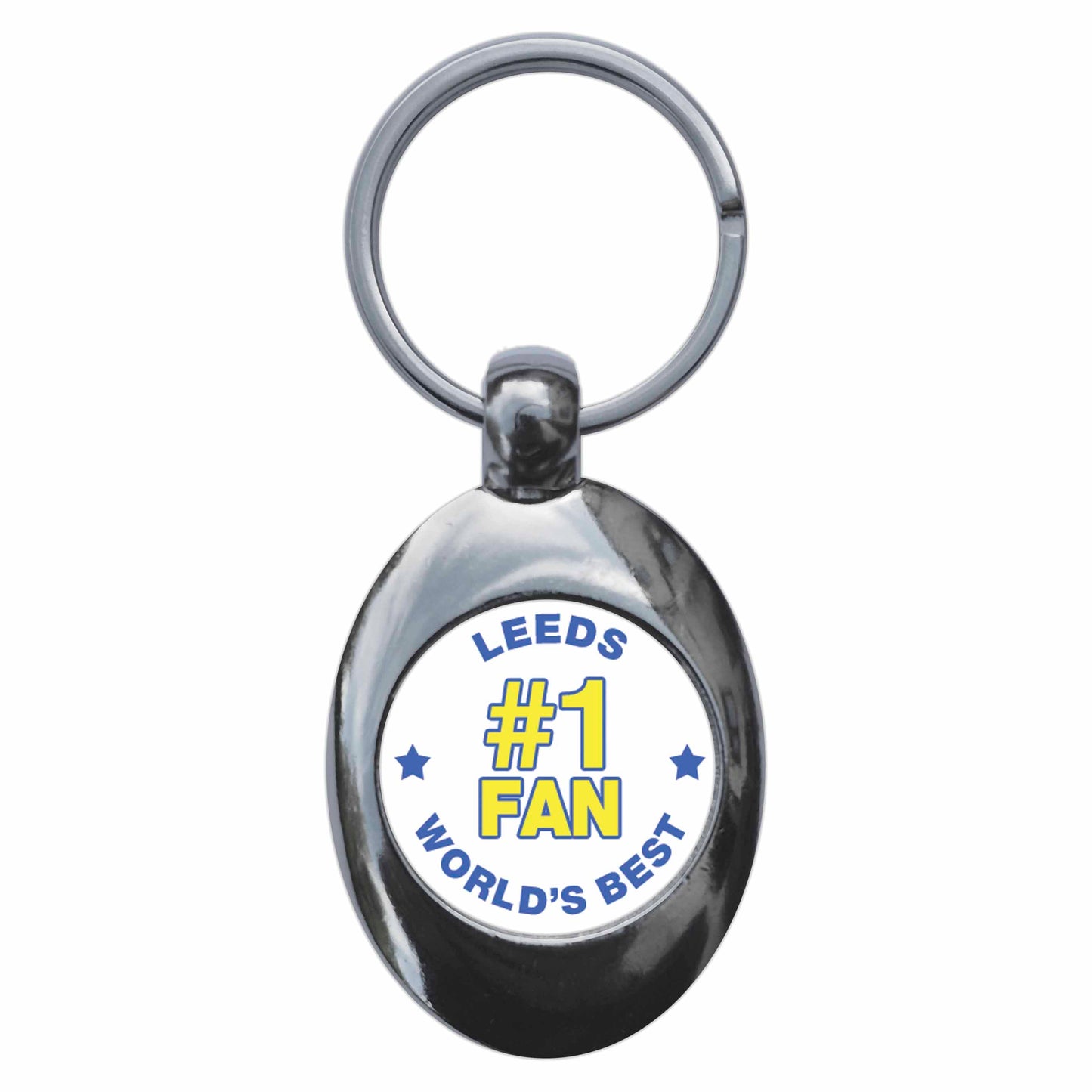 A picture of the front of the product, titled Leeds #1 Fan Metal Keyring With Trolley Coin