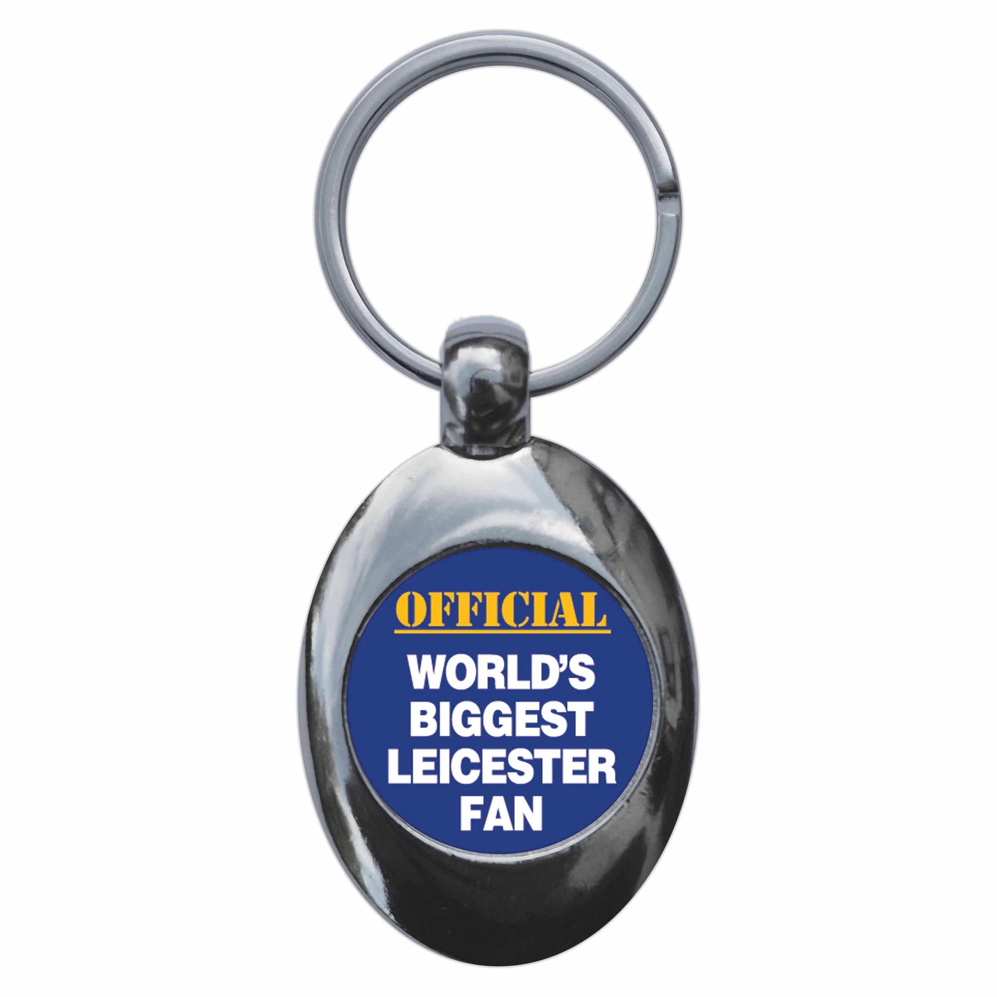 A picture of the front of the product, titled World's Biggest Leicester Fan Metal Keyring With Trolley Coin