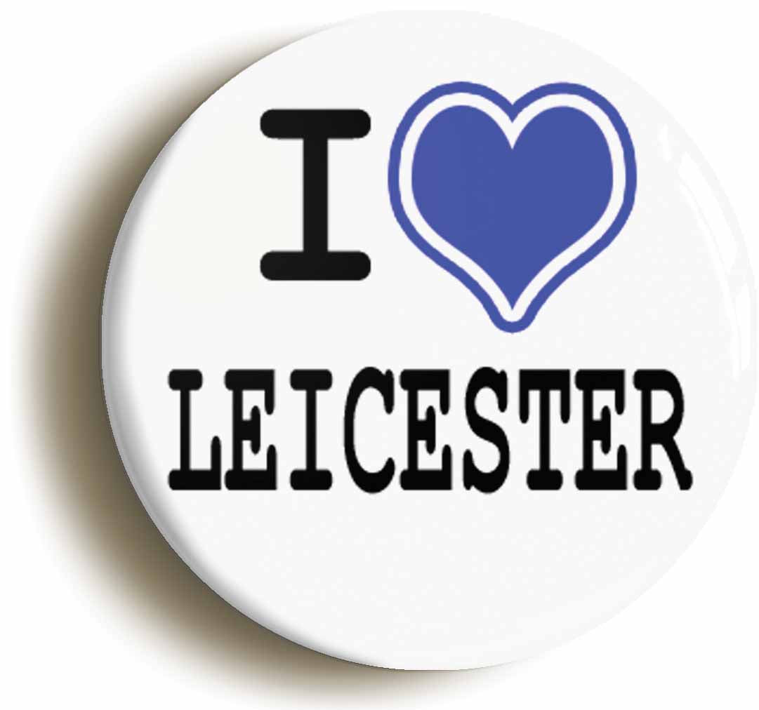 A picture of the front of the product, titled I Heart Love Leicester Button Pin Badge