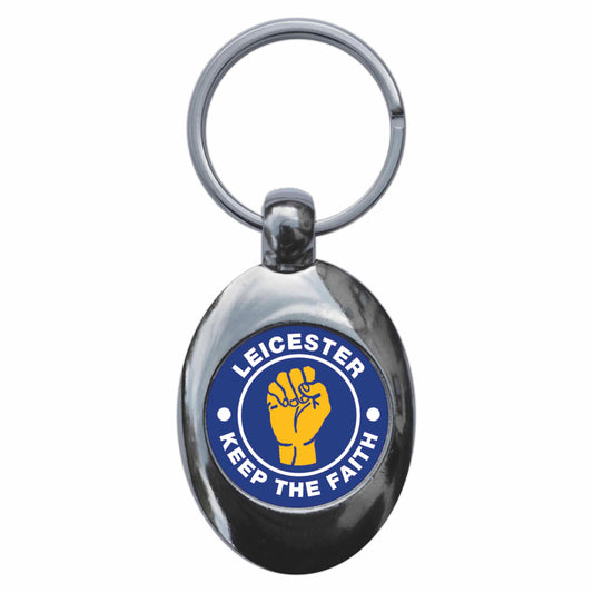 A picture of the front of the product, titled Leicester Keep The Faith Northern Soul Metal Keyring With Trolley Coin