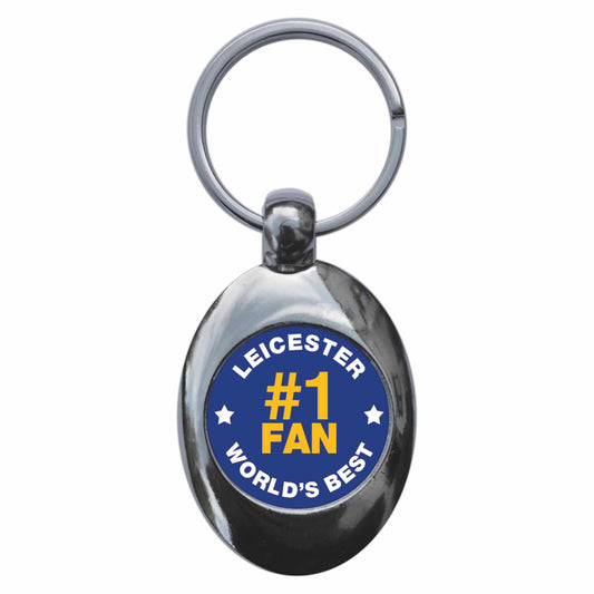 A picture of the front of the product, titled Leicester #1 Fan Metal Keyring With Trolley Coin