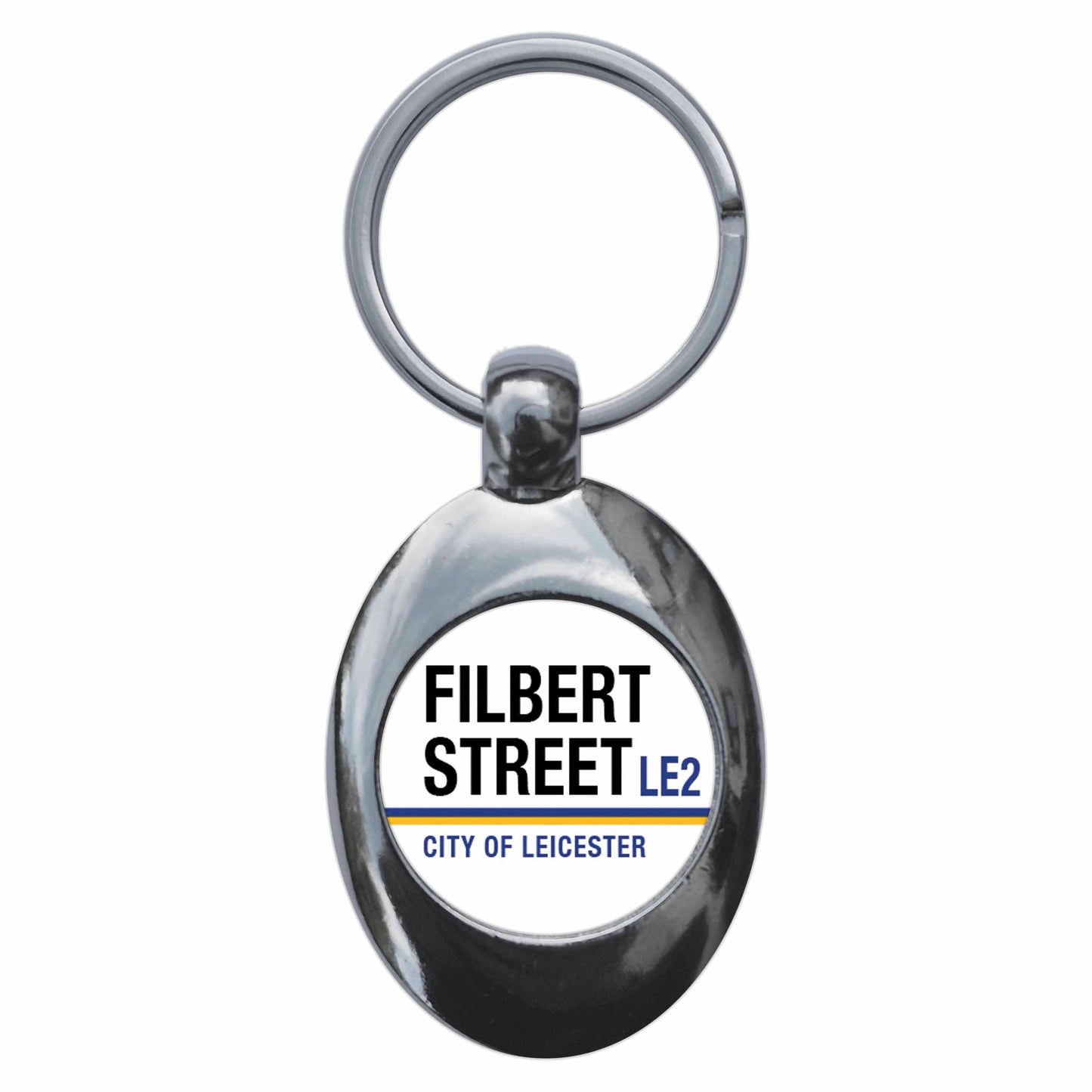 A picture of the front of the product, titled Filbert Street City Of Leicester LE2 Road Sign Metal Keyring With Trolley Coin