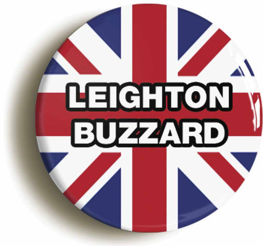 A picture of the front of the product, titled Leighton Buzzard Union Jack Button Pin Badge