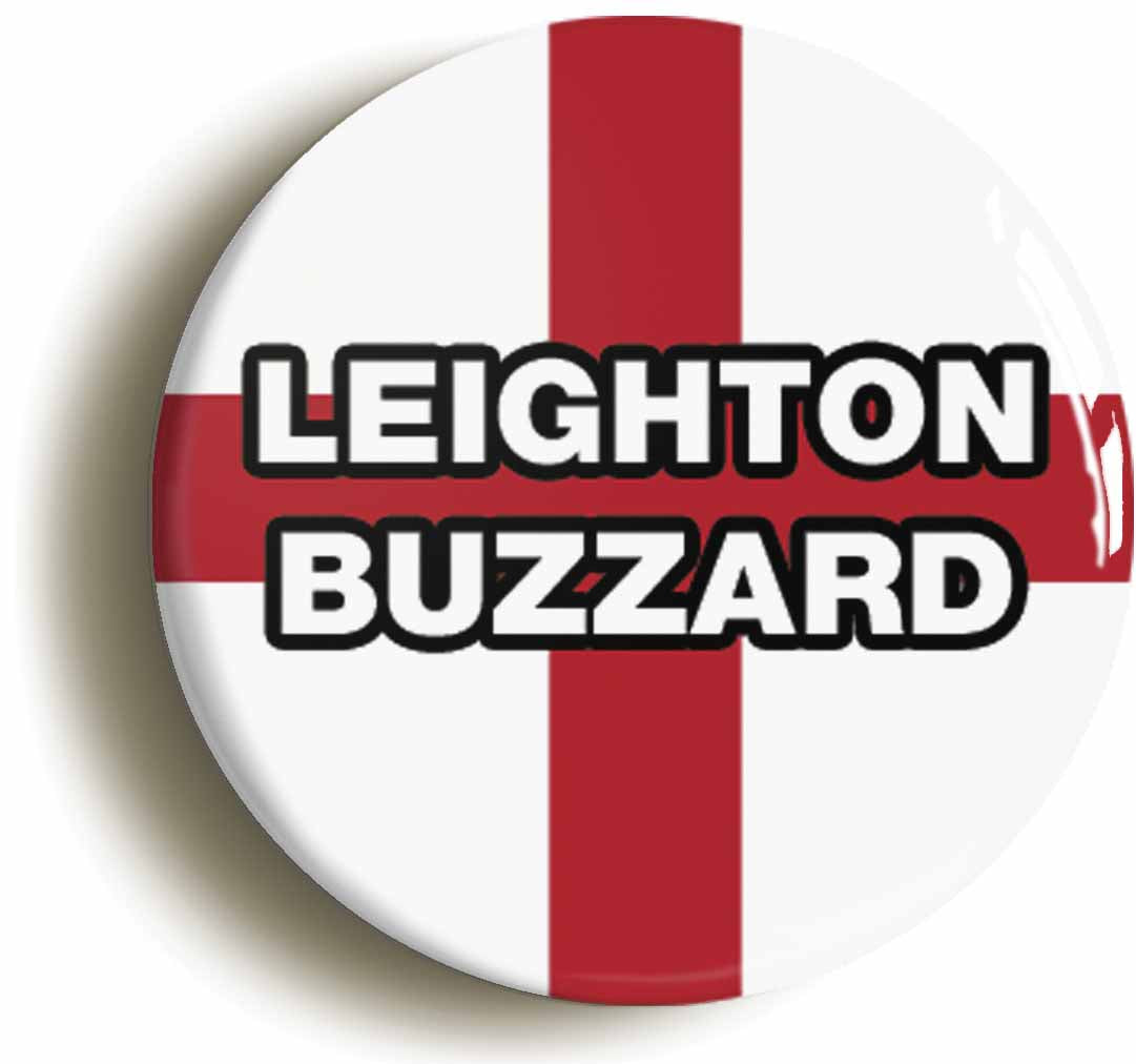 A picture of the front of the product, titled Leighton Buzzard England Flag Circular 50mm Fridge Magnet