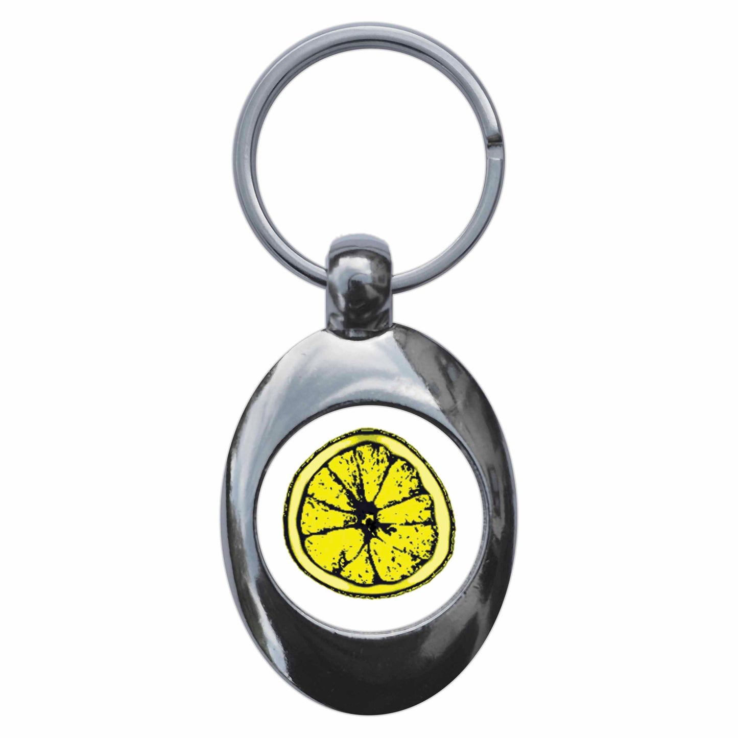 A picture of the front of the product, titled Lemon Slice Logo Metal Keyring With Trolley Coin