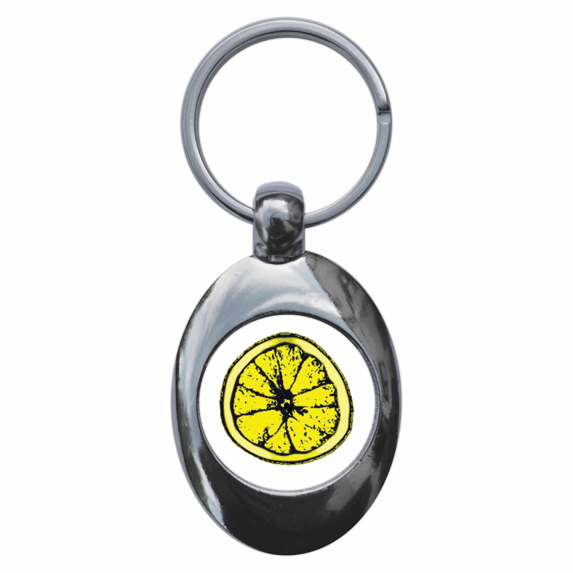 A picture of the front of the product, titled Lemon Slice Logo Metal Keyring With Trolley Coin
