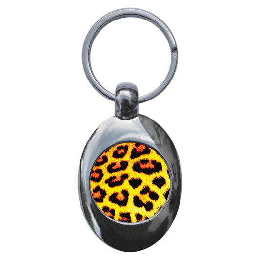 A picture of the front of the product, titled Leopard Skin Print Metal Keyring With Trolley Coin