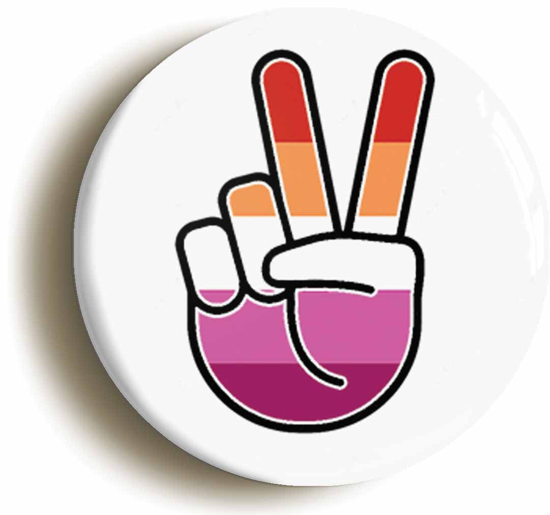 A picture of the front of the product, titled Lesbian Pride Flag Peace Sign V Button Pin Badge