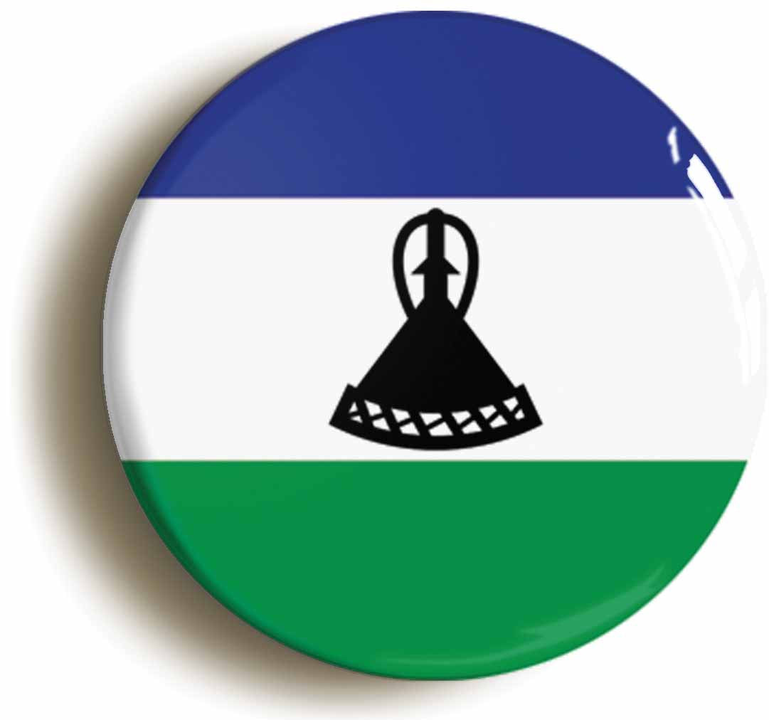 A picture of the front of the product, titled Lesotho Basotho National Flag Button Pin Badge