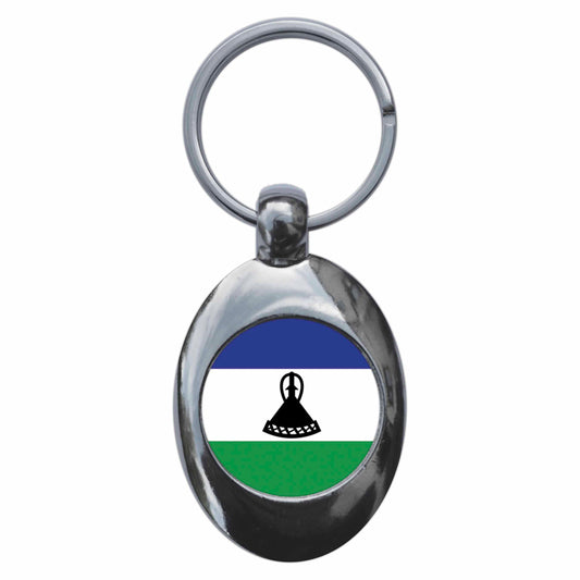 A picture of the front of the product, titled Lesotho Basotho National Flag Metal Keyring With Trolley Coin