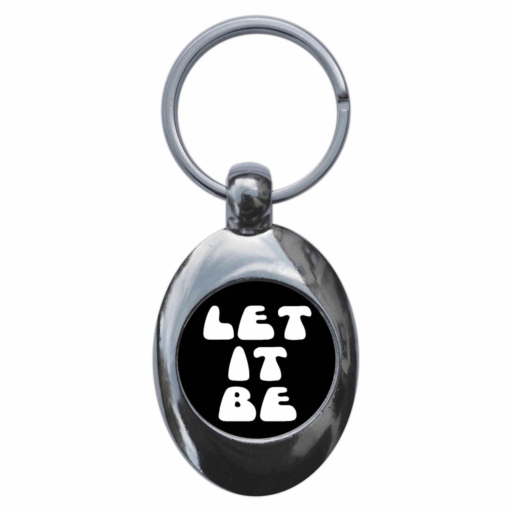 A picture of the front of the product, titled Let It Be Metal Keyring With Trolley Coin