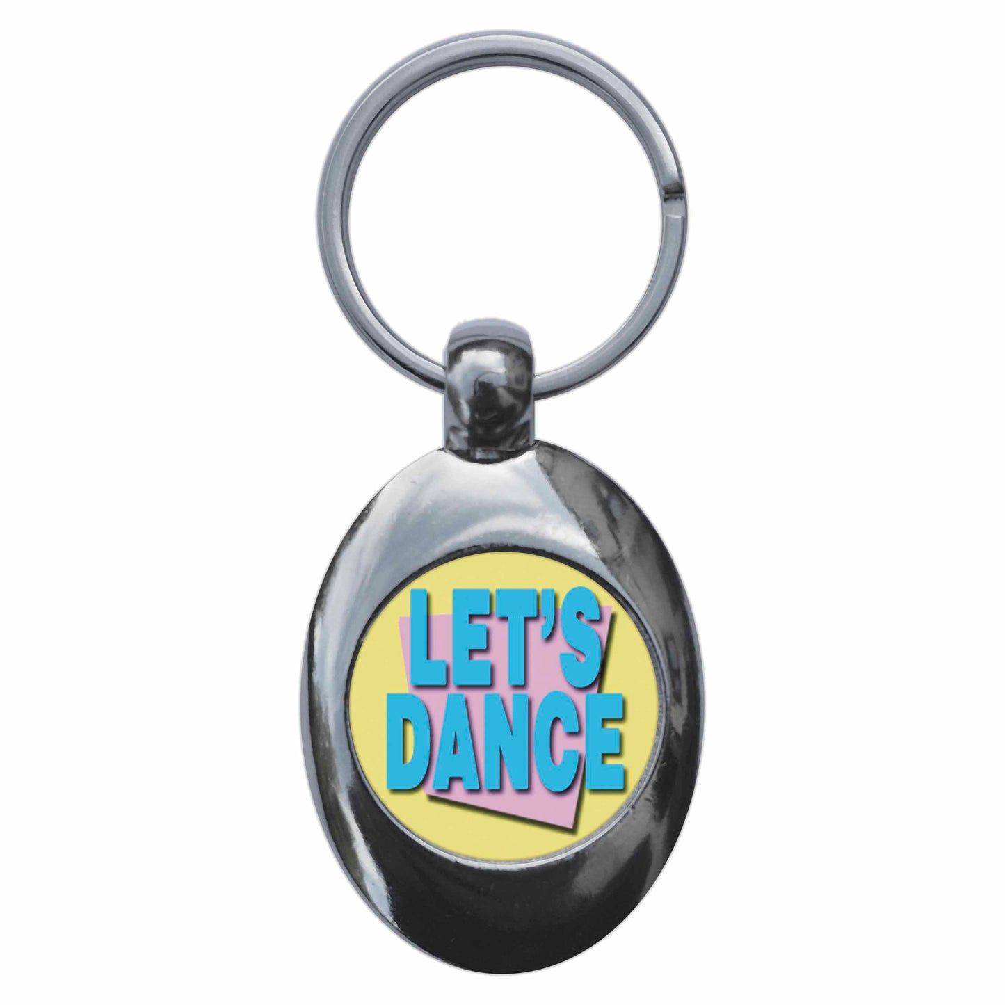 A picture of the front of the product, titled Let's Dance Metal Keyring With Trolley Coin