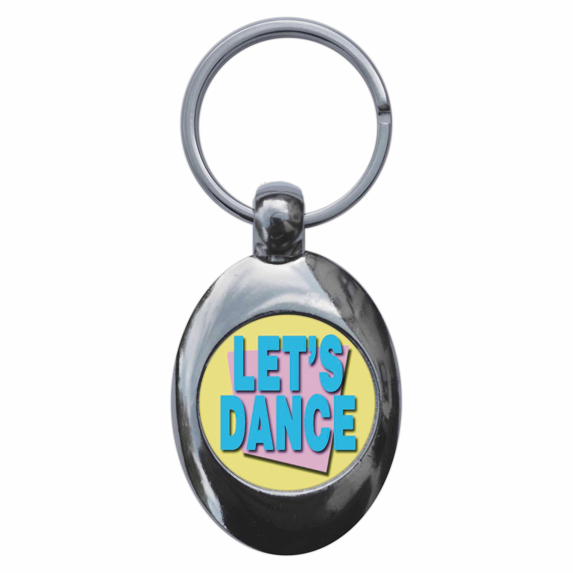 A picture of the front of the product, titled Let's Dance Metal Keyring With Trolley Coin