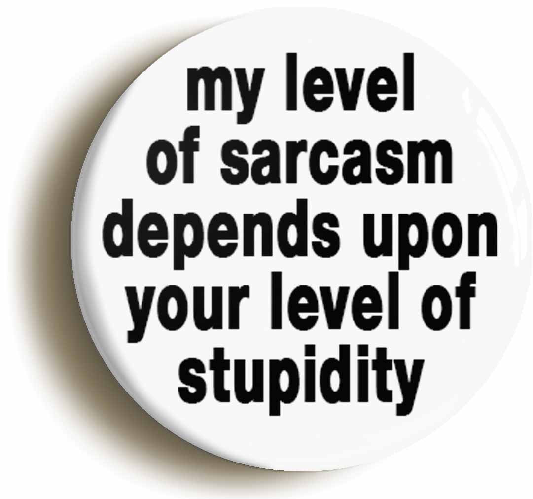 A picture of the front of the product, titled My Level Of Sarcasm Depends Upon Your Level Of Stupidity Funny Button Pin Badge