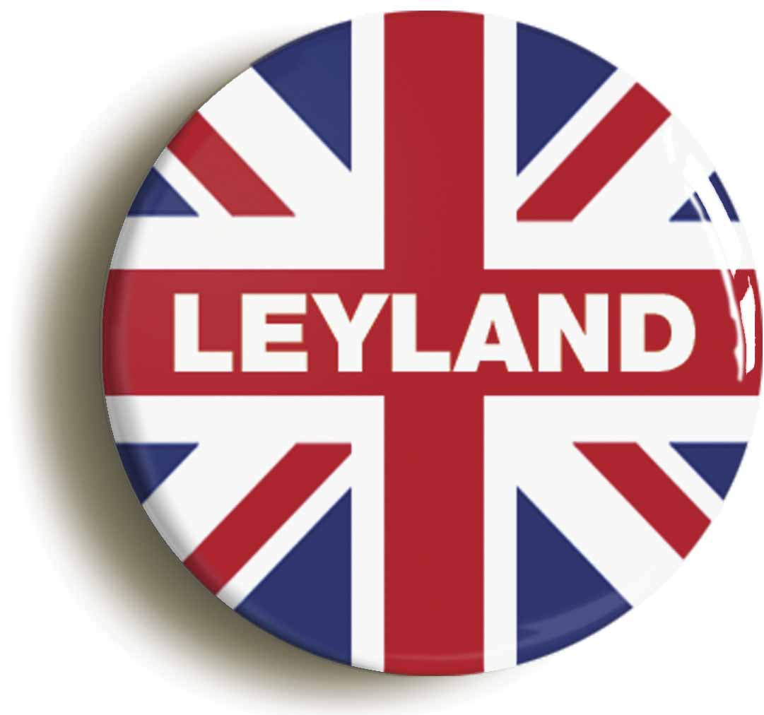 A picture of the front of the product, titled Leyland Union Jack Button Pin Badge