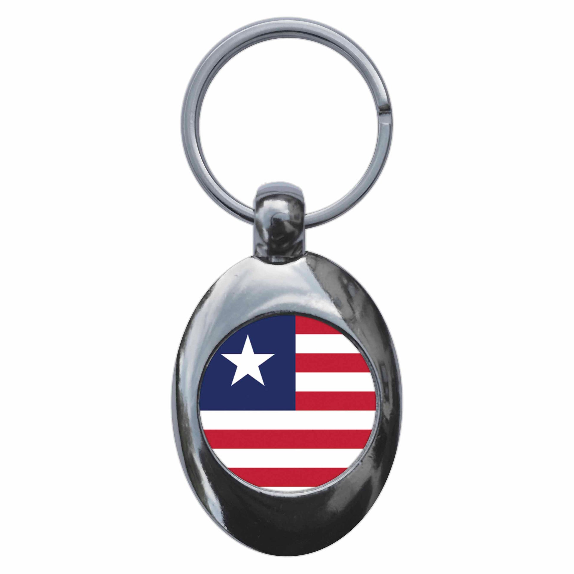 A picture of the front of the product, titled Liberia Liberian National Flag Metal Keyring With Trolley Coin