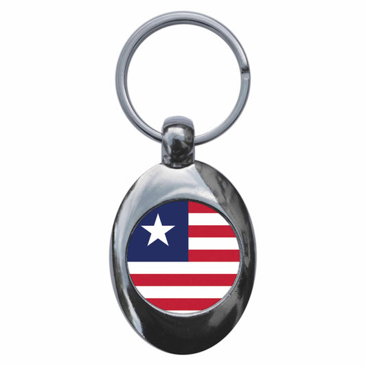 A picture of the front of the product, titled Liberia Liberian National Flag Metal Keyring With Trolley Coin