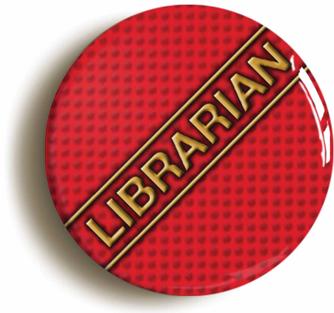 A picture of the front of the product, titled Librarian School Disco Prefect Geek Button Pin Badge