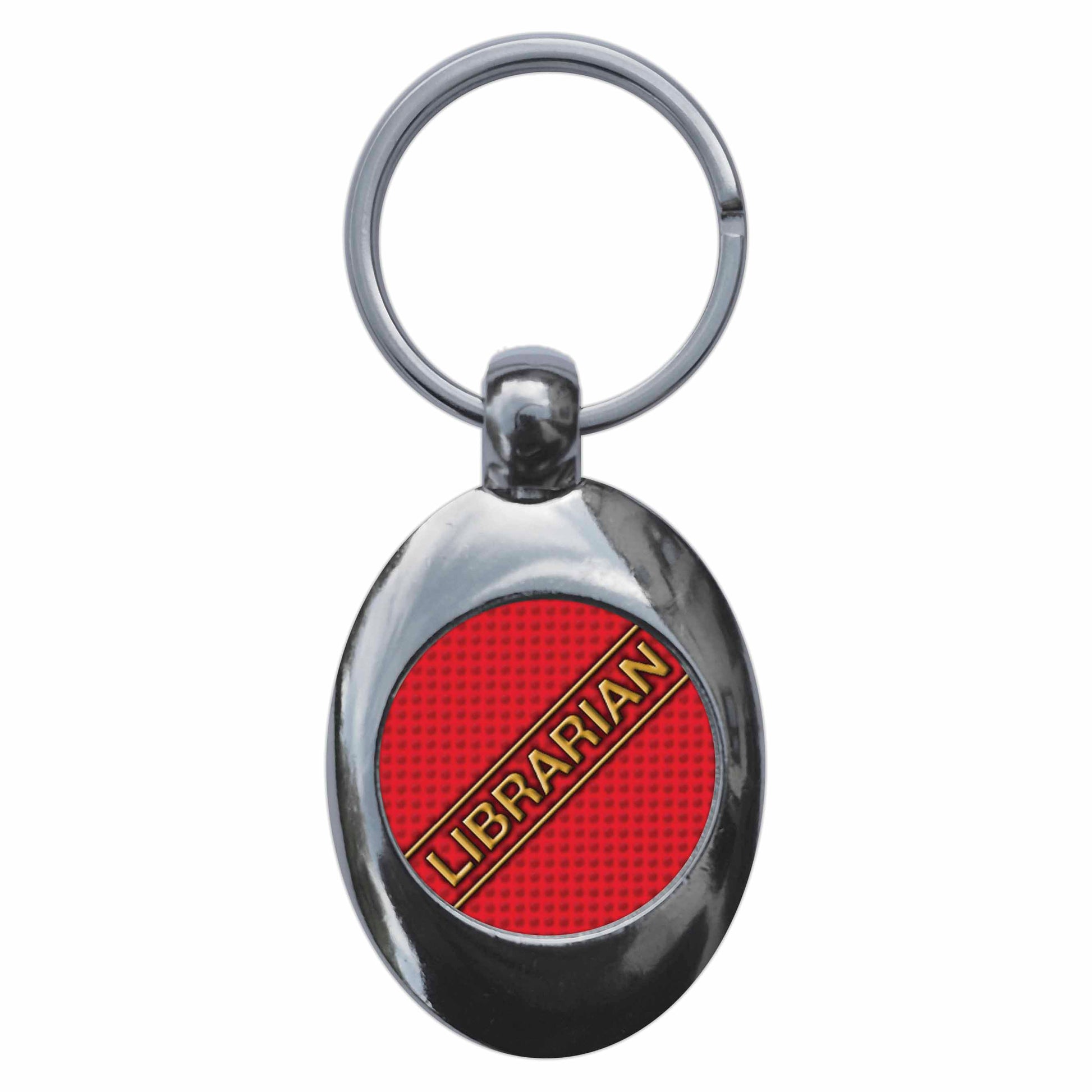 A picture of the front of the product, titled Librarian School Disco Prefect Geek Metal Keyring With Trolley Coin